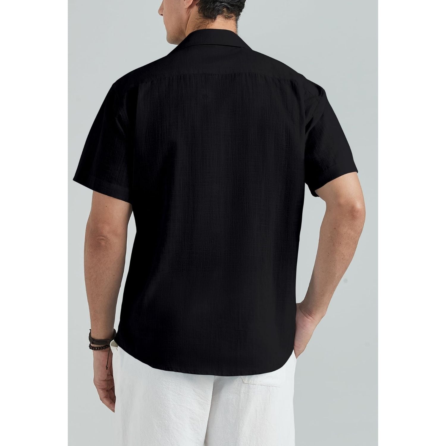 Men's Short Sleeve Black Casual Linen Shirts for Summer Beach
