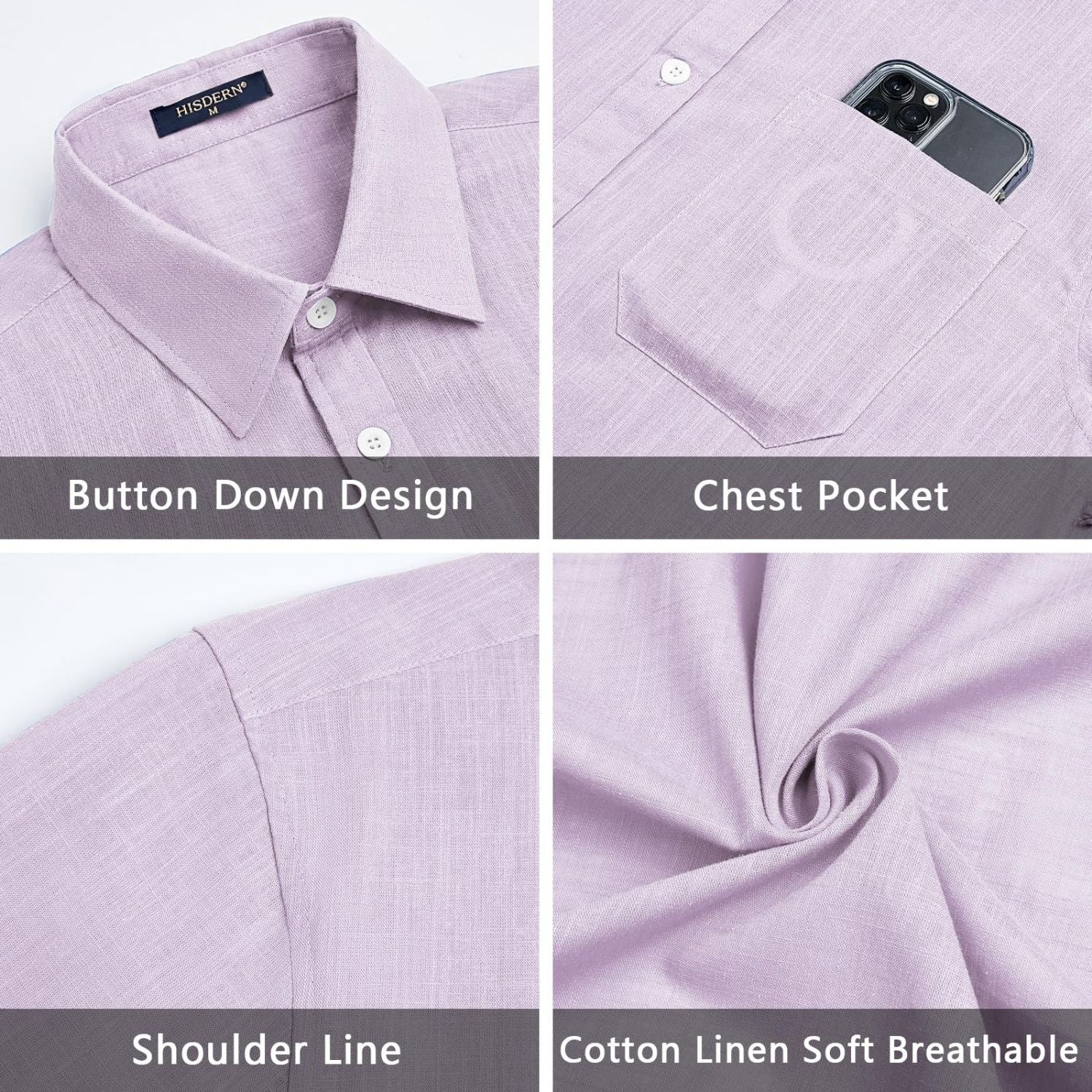 Men's Short Sleeve Lilac Casual Linen Shirts for Summer Beach