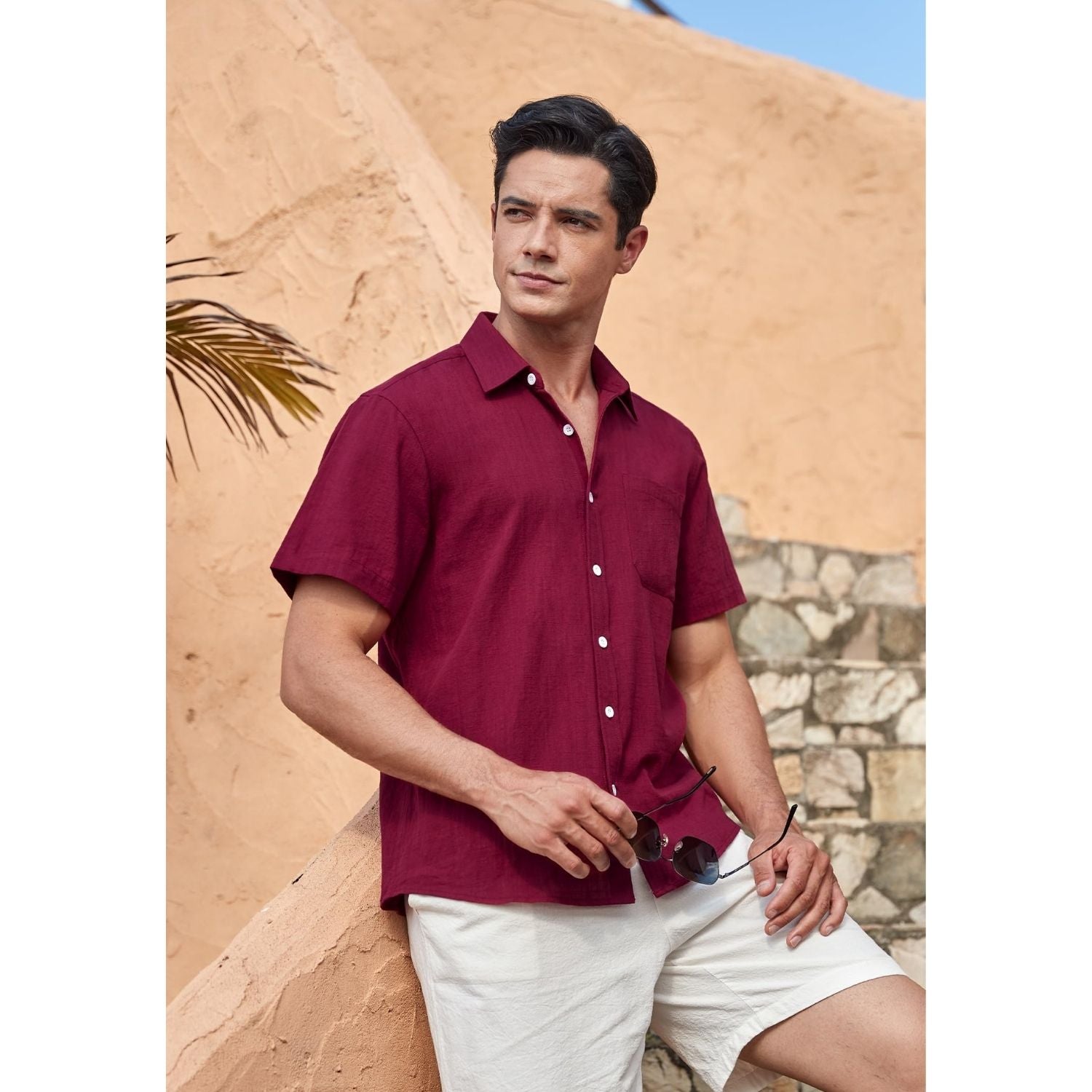 Men's Short Sleeve Burgundy Casual Linen Shirts for Summer Beach