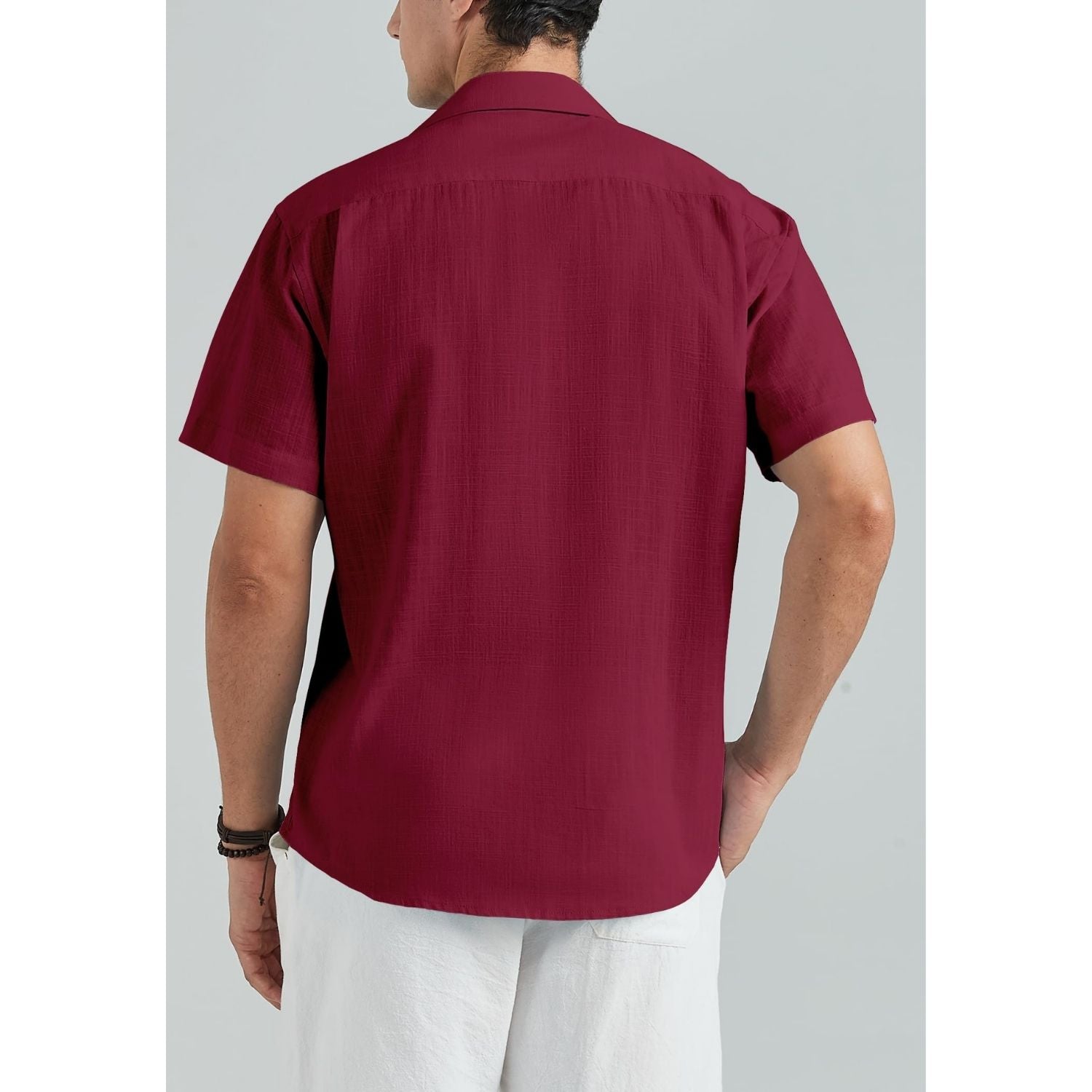 Men's Short Sleeve Burgundy Casual Linen Shirts for Summer Beach