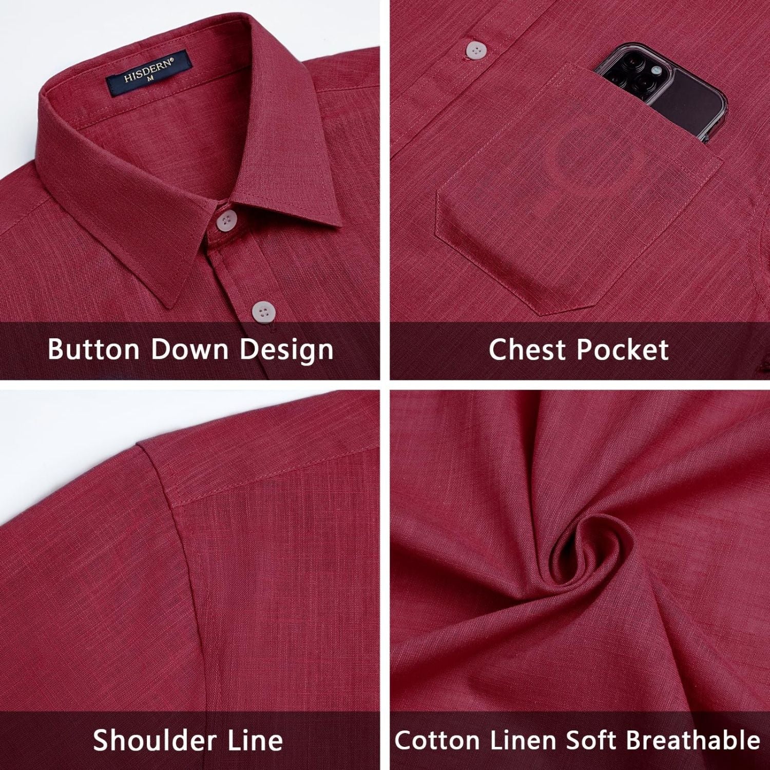 Men's Short Sleeve Burgundy Casual Linen Shirts for Summer Beach