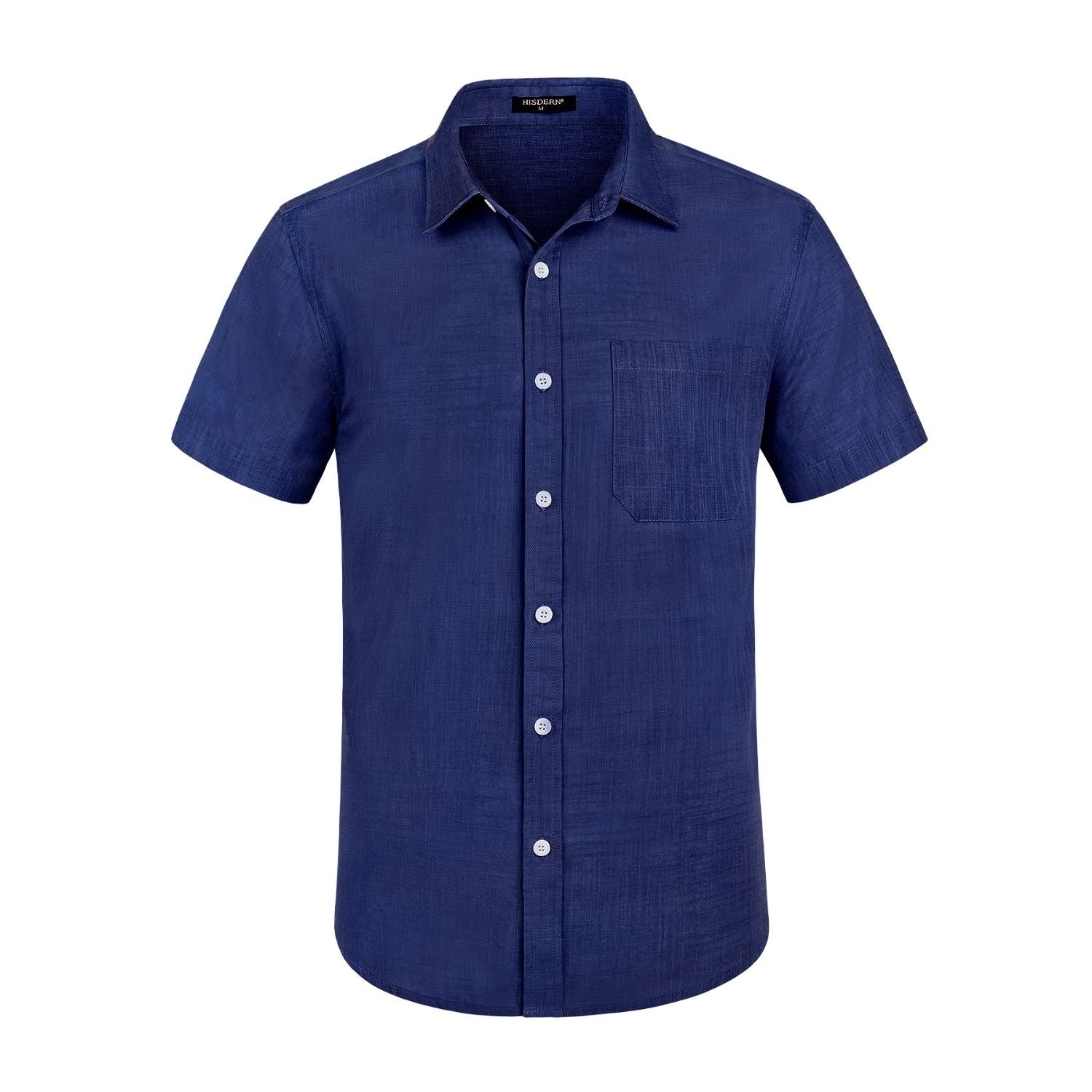 Men's Short Sleeve Navy Blue Casual Linen Shirts for Summer Beach