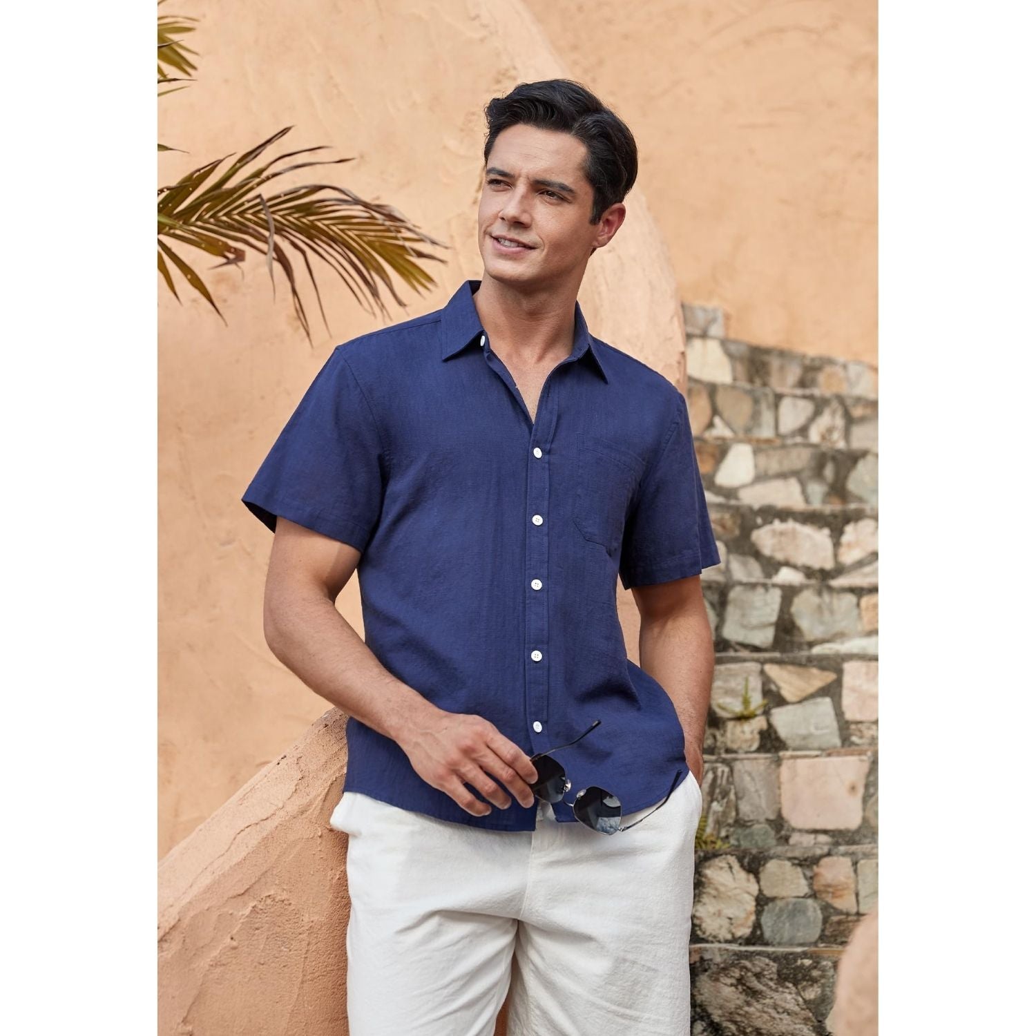 Men's Short Sleeve Navy Blue Casual Linen Shirts for Summer Beach