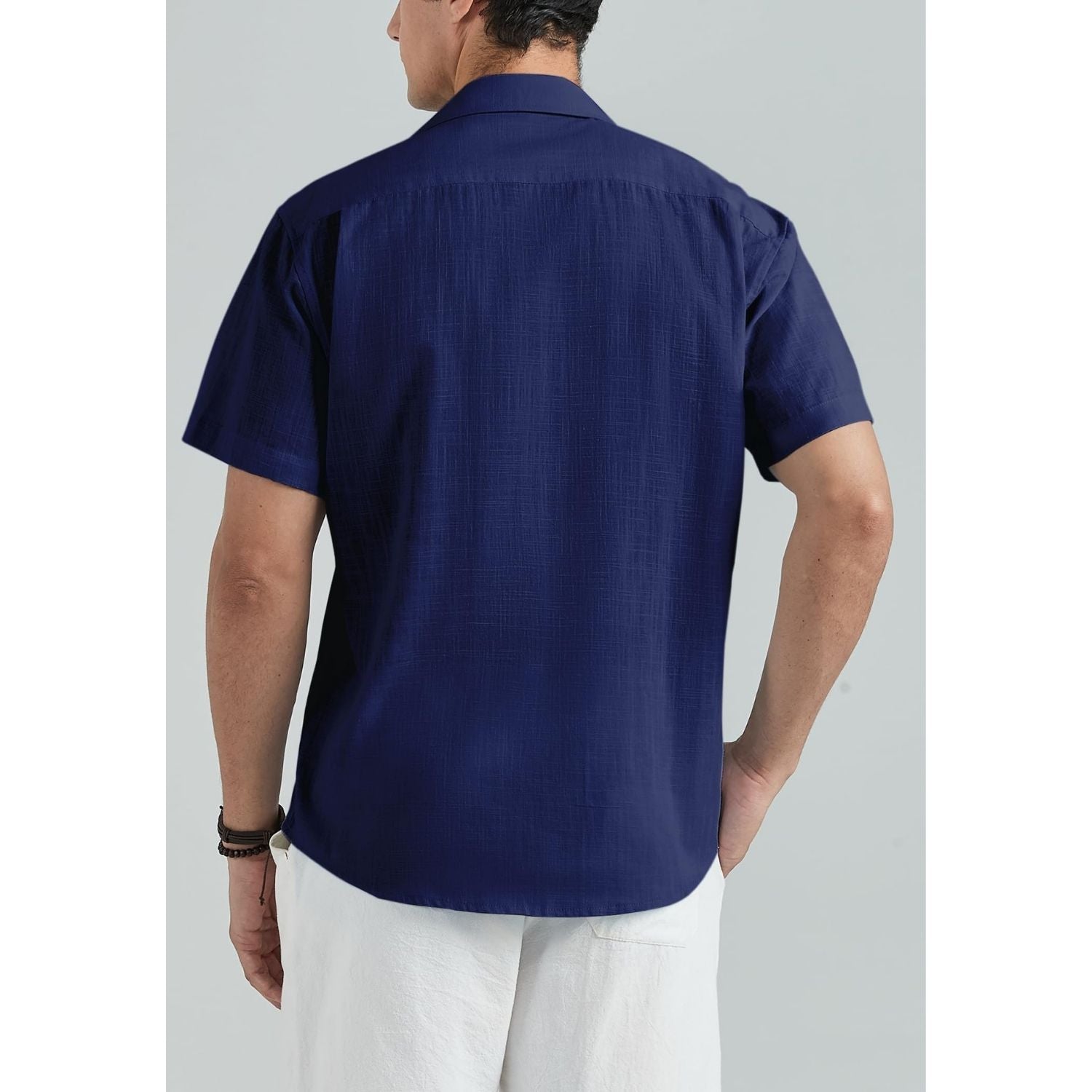 Men's Short Sleeve Navy Blue Casual Linen Shirts for Summer Beach