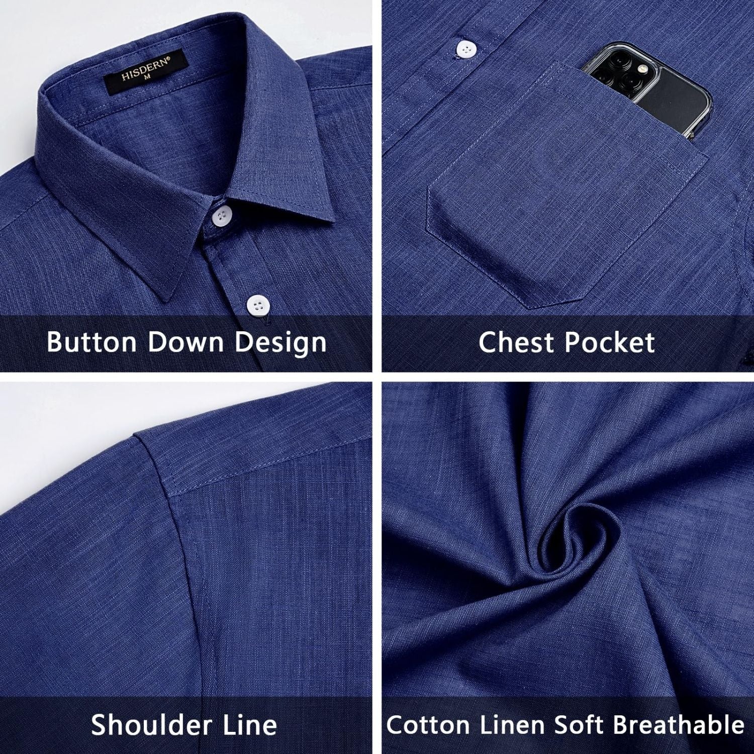 Men's Short Sleeve Navy Blue Casual Linen Shirts for Summer Beach