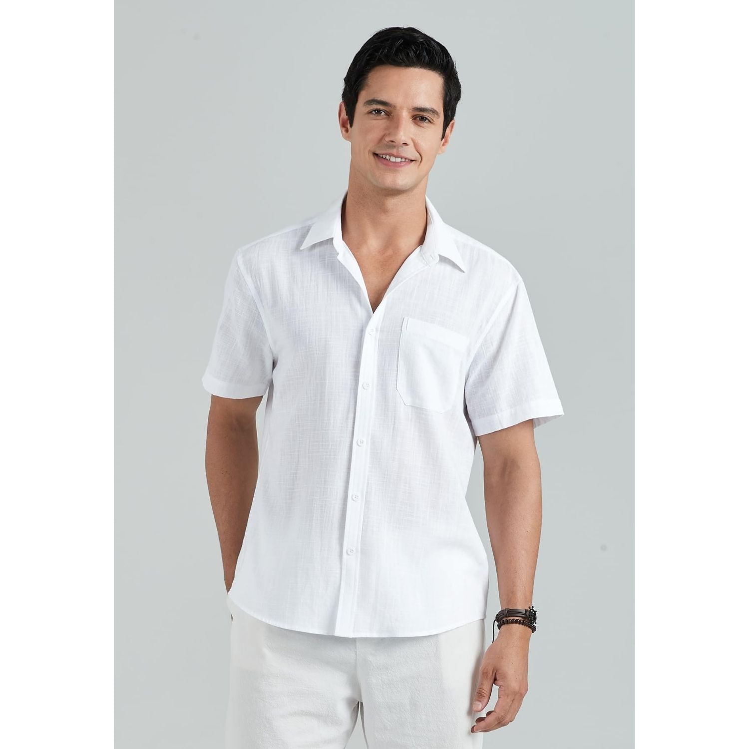 Men's Short Sleeve White Casual Linen Shirts for Summer Beach