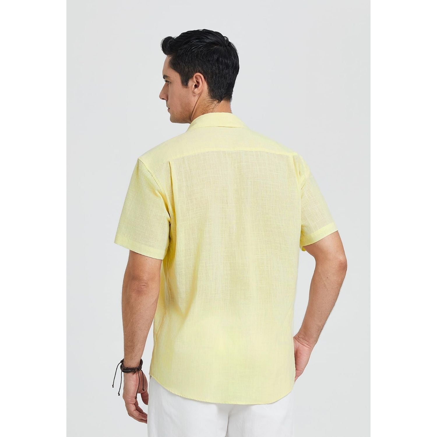 Men's Short Sleeve Yellow Casual Linen Shirts for Summer Beach