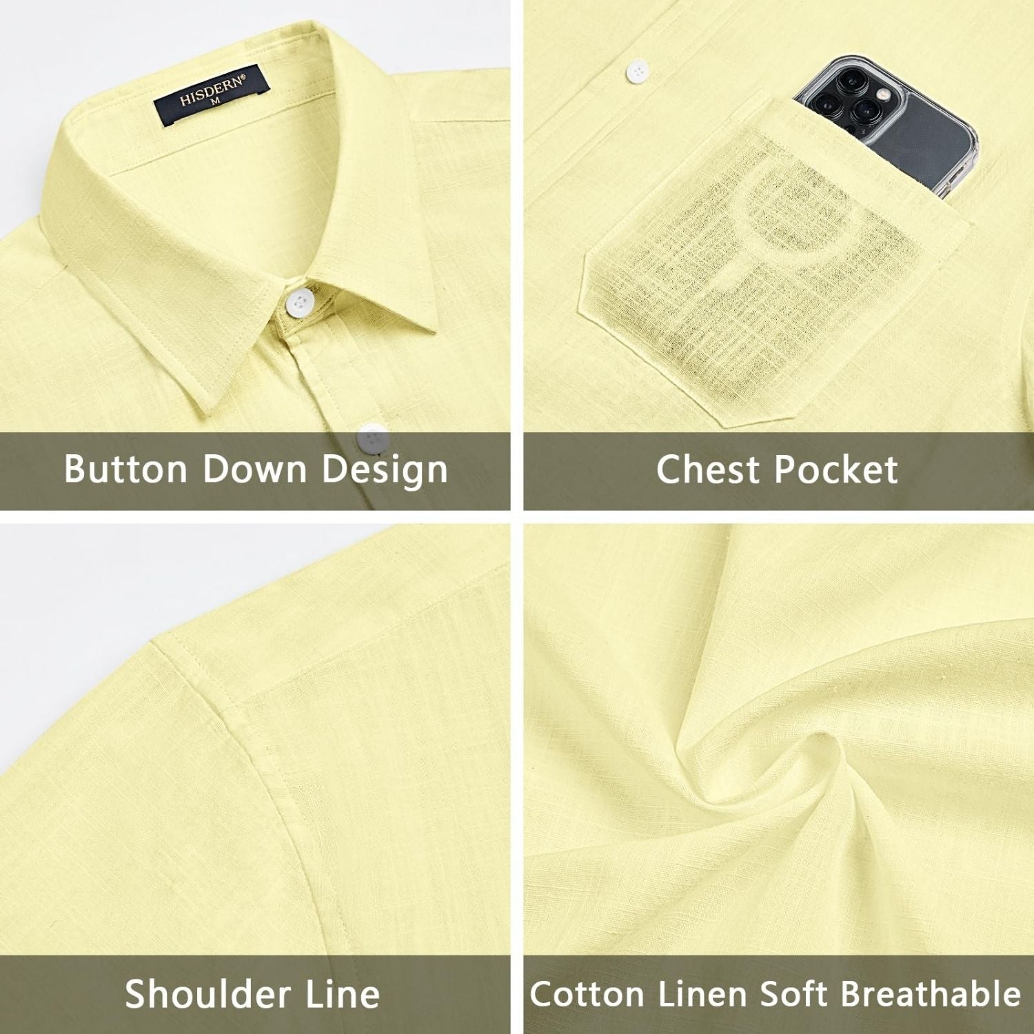 Men's Short Sleeve Yellow Casual Linen Shirts for Summer Beach