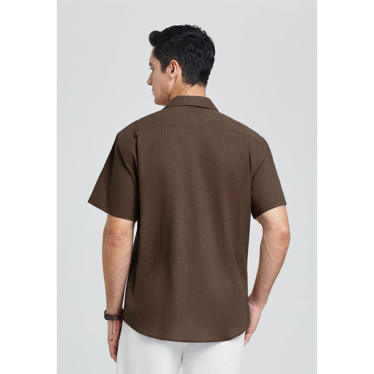 Men's Short Sleeve Brown Casual Linen Shirts for Summer Beach