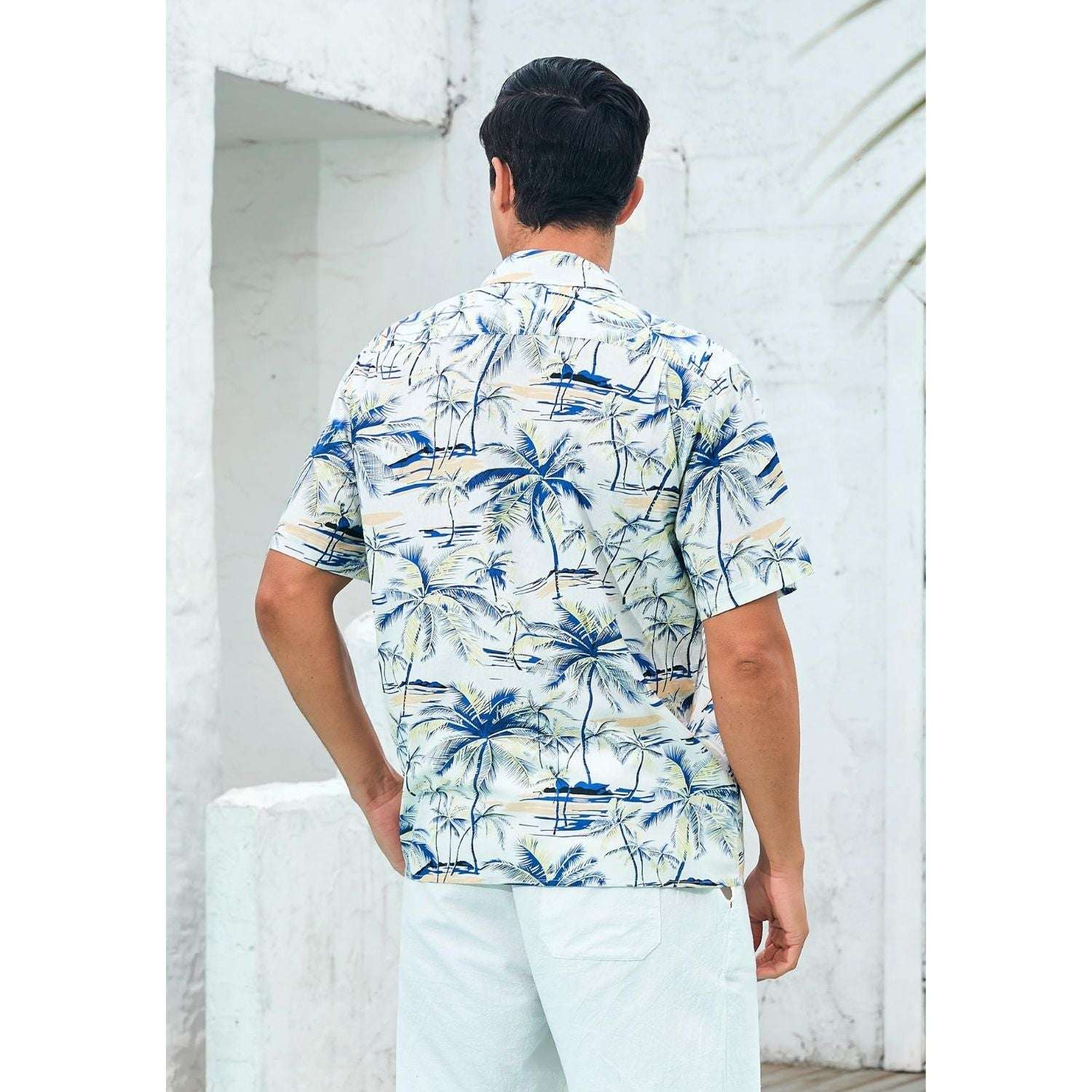 Yellow White Palm Tree Button Up Hawaiian Shirt For Summer Vacation