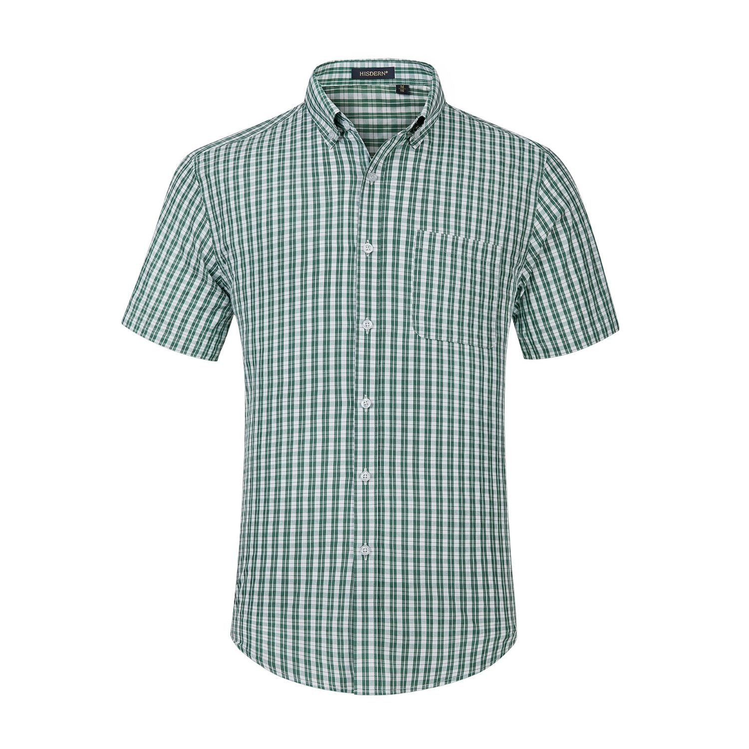 Hisdern Green White Plaid Shirts for Men Short Sleeve Regular Fit Shirts