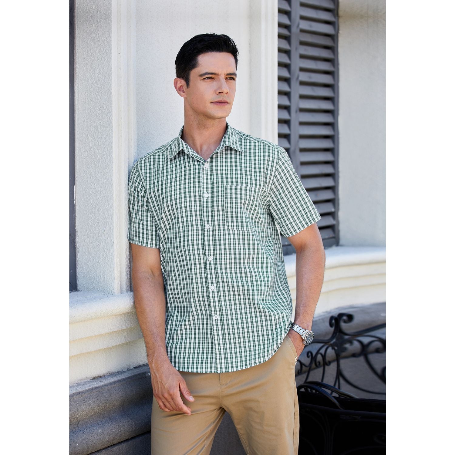 Hisdern Green White Plaid Shirts for Men Short Sleeve Regular Fit Shirts