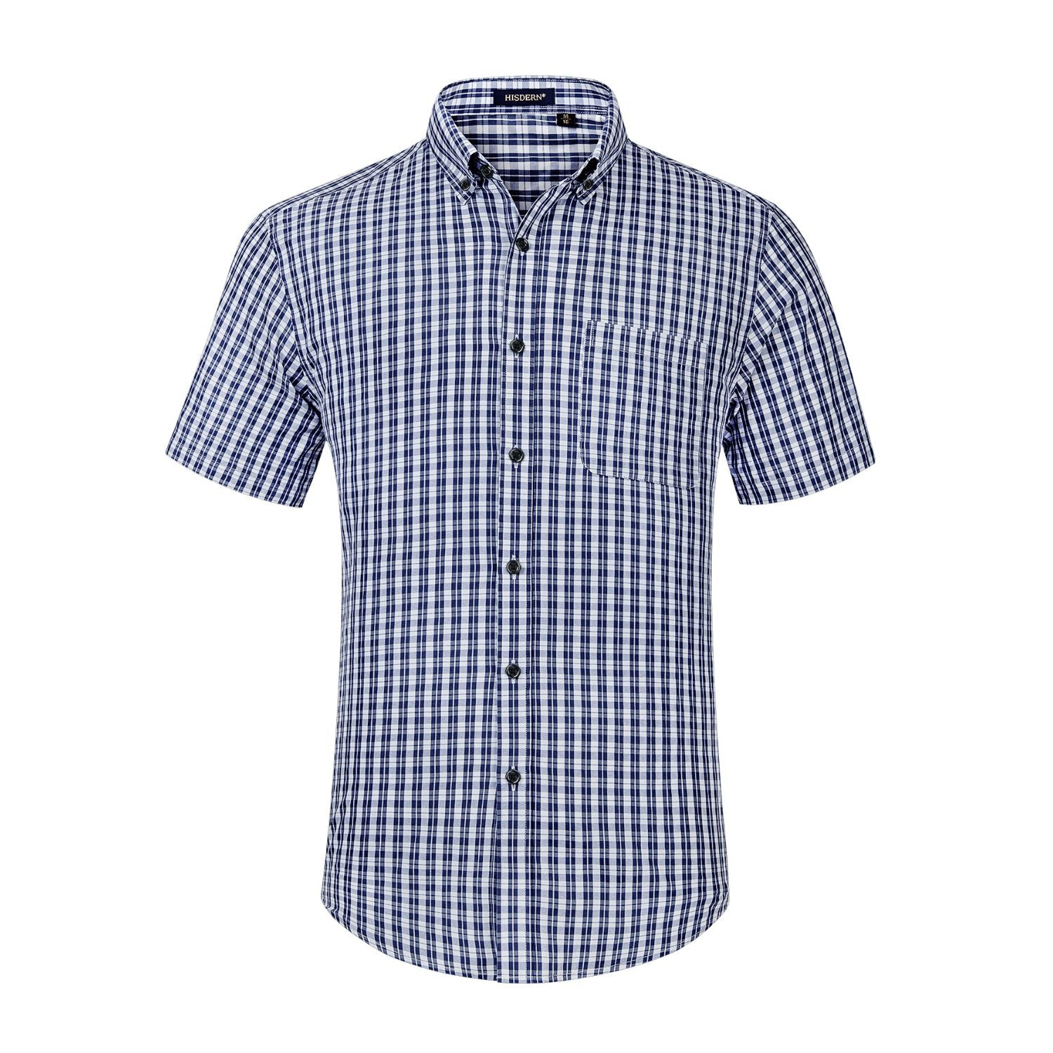 Hisdern Blue White Plaid Shirts for Men Short Sleeve Regular Fit Shirts