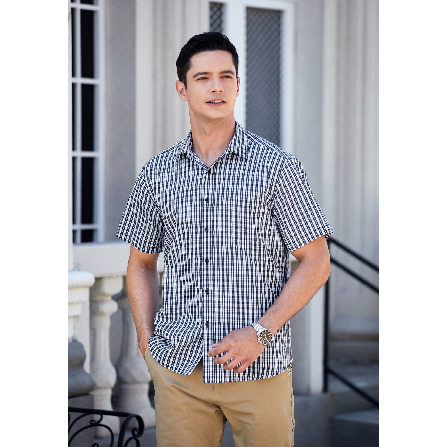 Hisdern Blue White Plaid Shirts for Men Short Sleeve Regular Fit Shirts