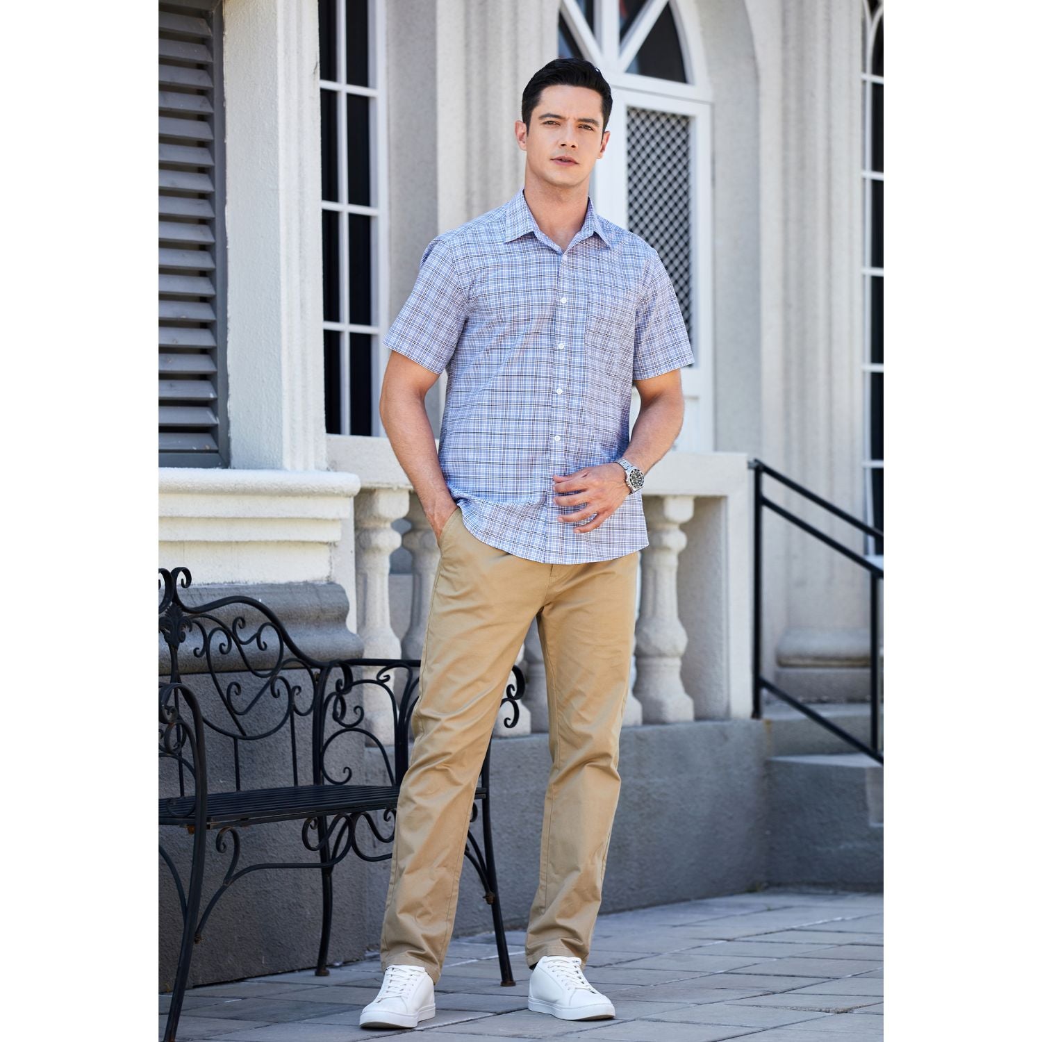 Hisdern Blue Plaid Shirts for Men Short Sleeve Regular Fit Shirts