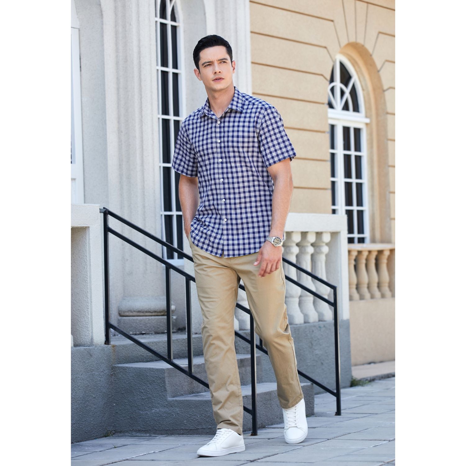 Hisdern Navy Blue White Plaid Shirts for Men Short Sleeve Regular Fit Shirts