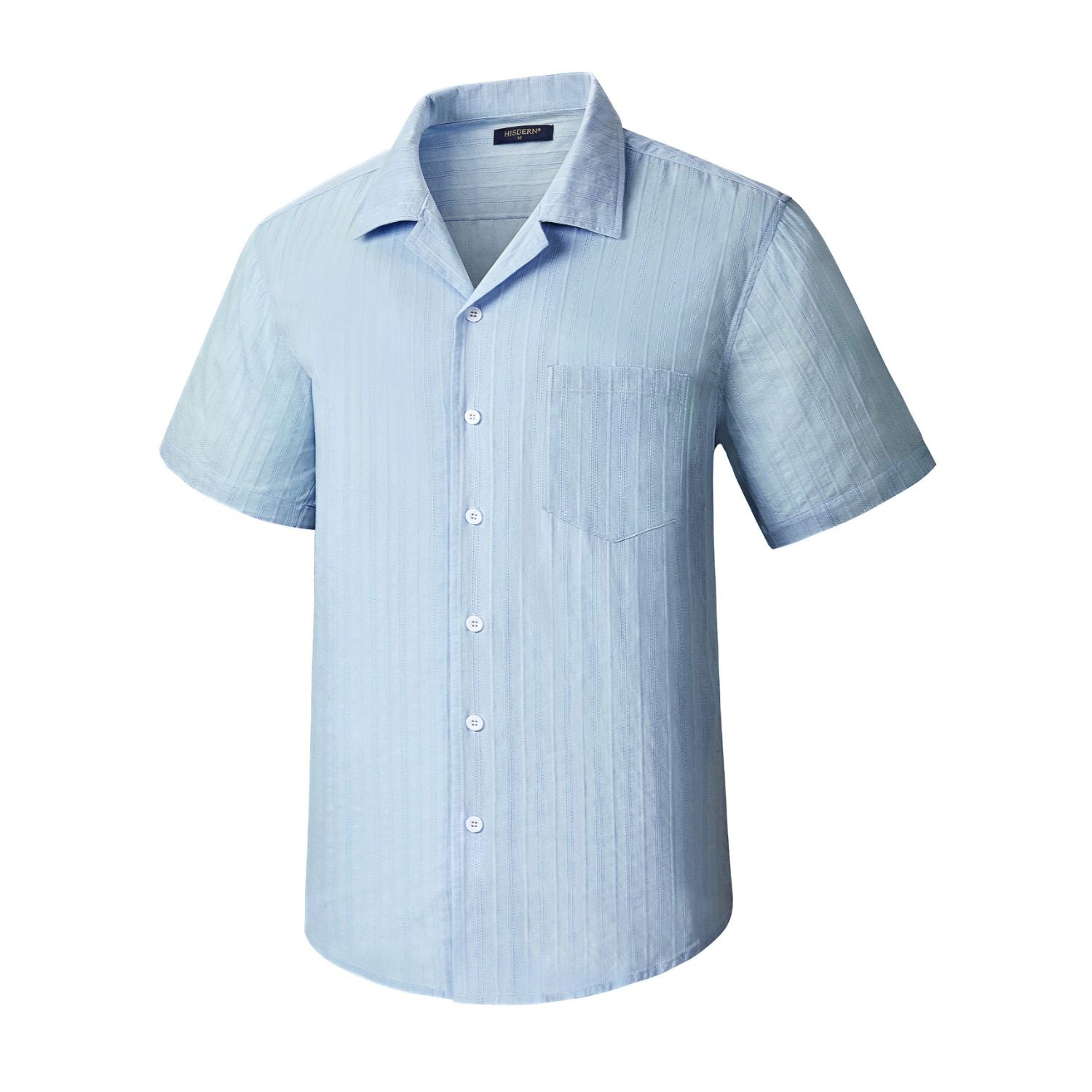Hisdern Casual Short Sleeve Blue Cuban Collar Shirts for Men Summer