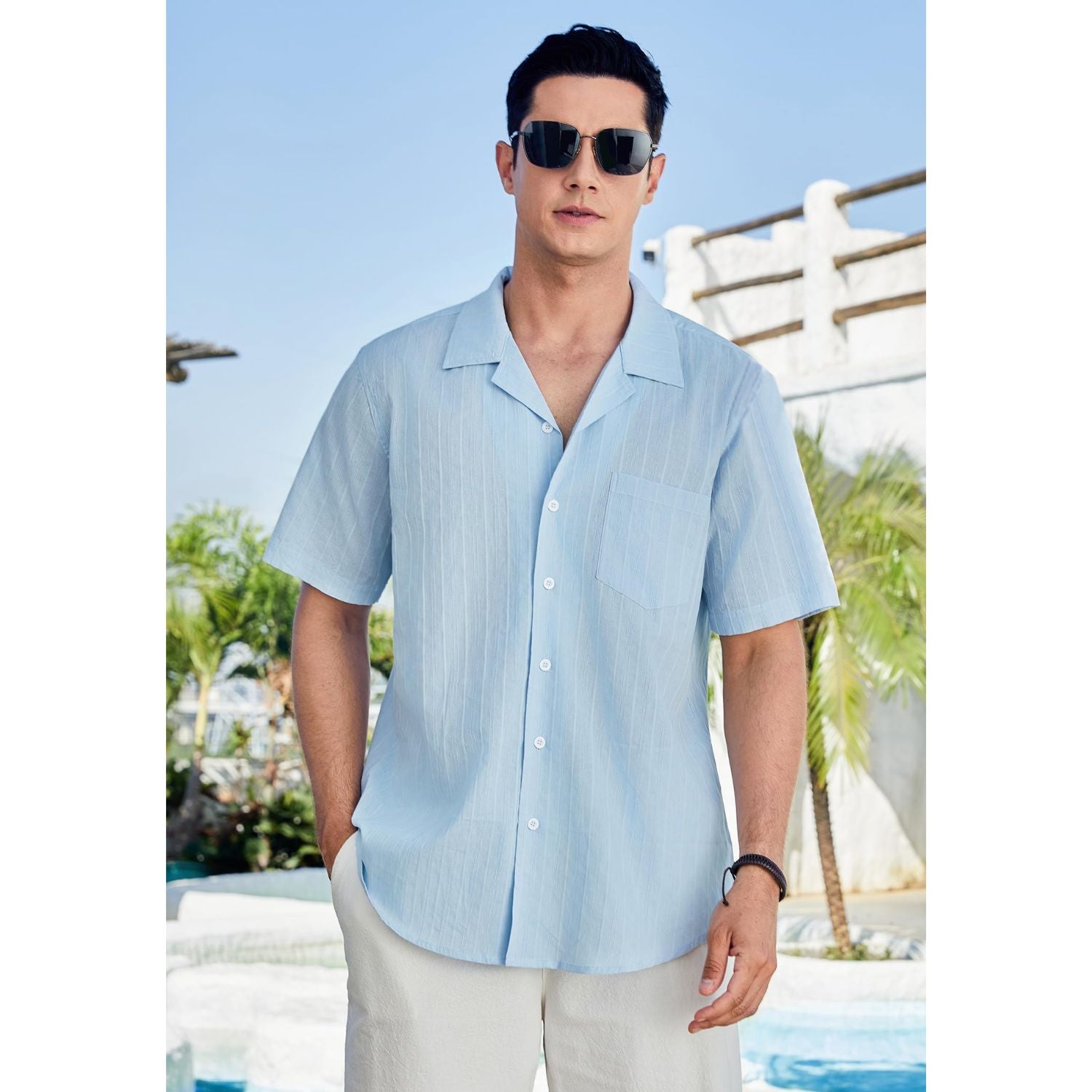 Hisdern Casual Short Sleeve Blue Cuban Collar Shirts for Men Summer