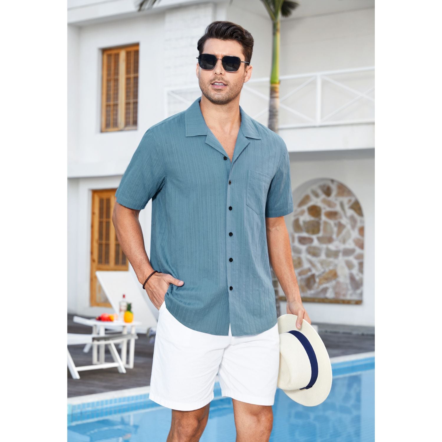 Hisdern Casual Short Sleeve Denim Blue Cuban Collar Shirts for Men Summer