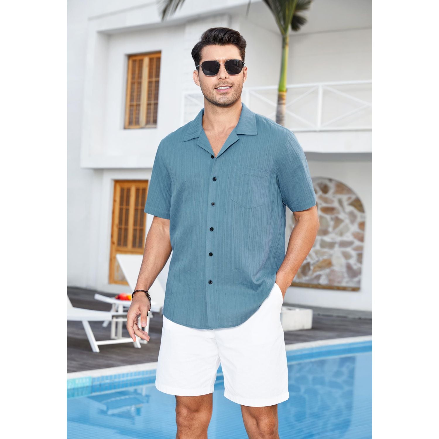 Hisdern Casual Short Sleeve Denim Blue Cuban Collar Shirts for Men Summer