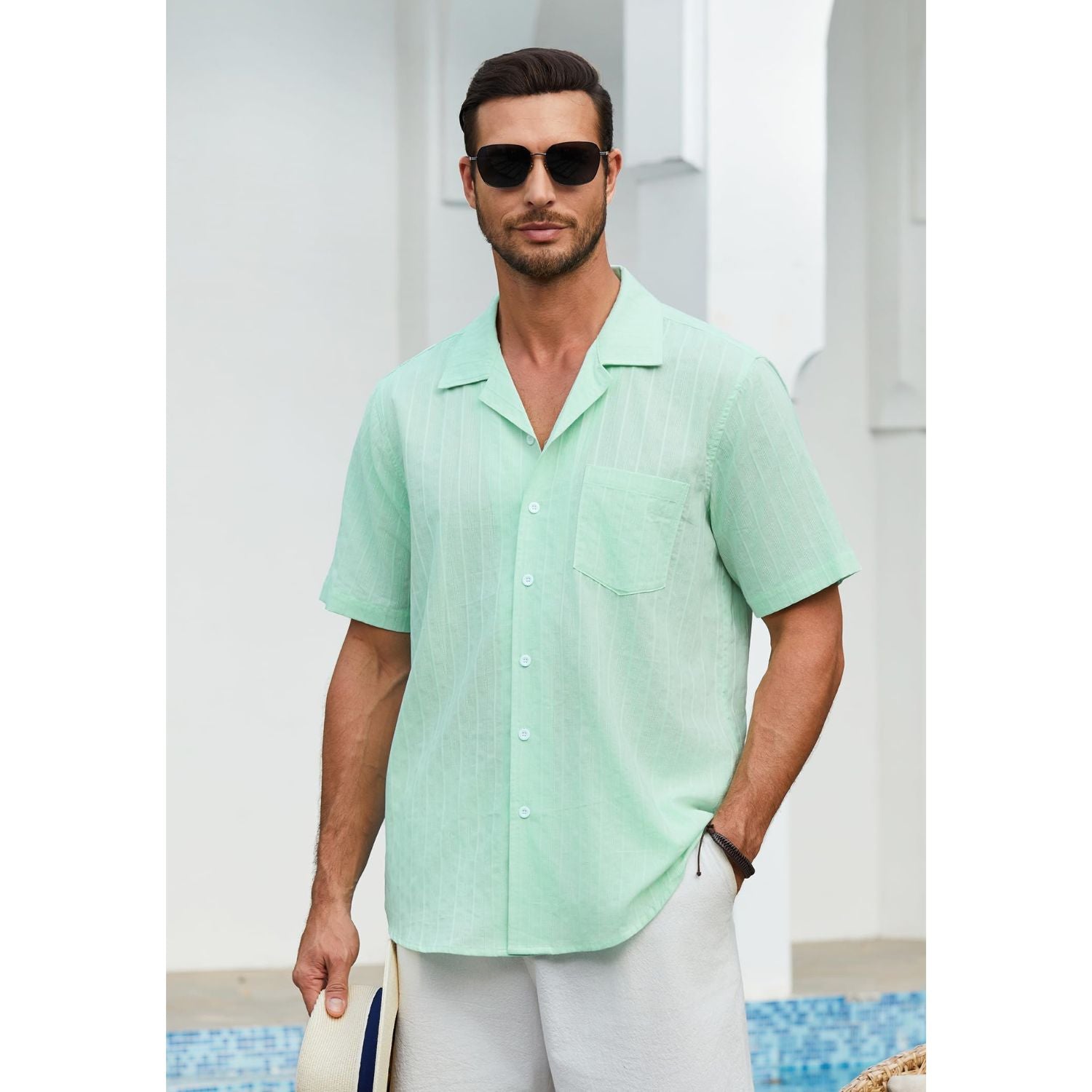 Hisdern Casual Short Sleeve Green Cuban Collar Shirts for Men Summer