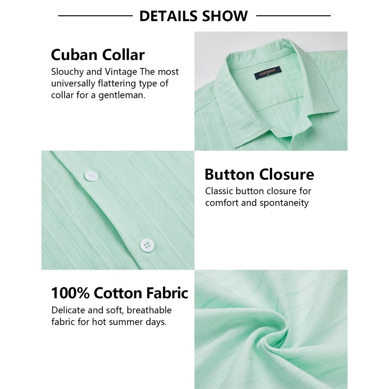 Hisdern Casual Short Sleeve Green Cuban Collar Shirts for Men Summer