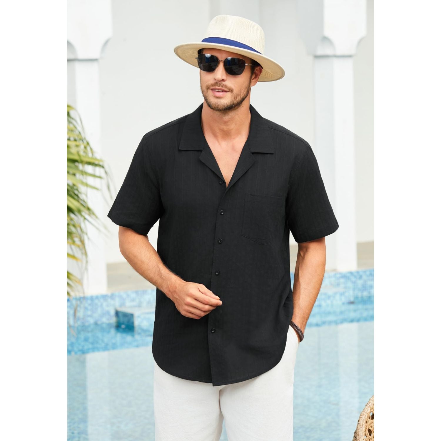 Hisdern Casual Short Sleeve Black Cuban Collar Shirts for Men Summer