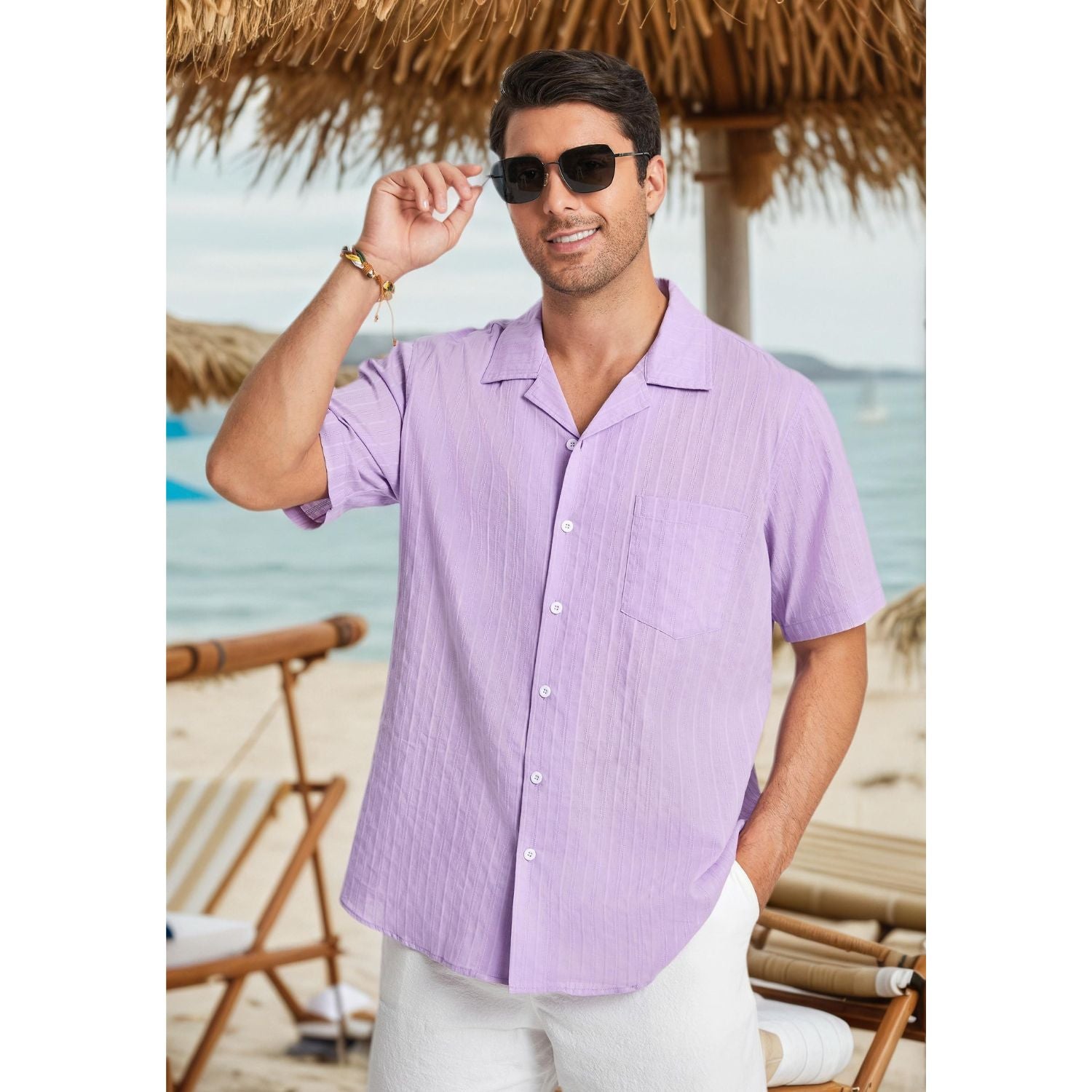 Hisdern Casual Short Sleeve Purple Cuban Collar Shirts for Men Summer