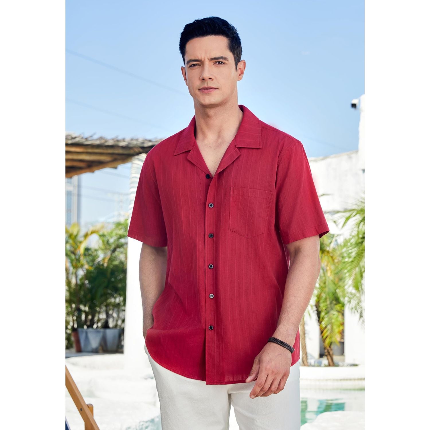 Hisdern Casual Short Sleeve Red Cuban Collar Shirts for Men Summer