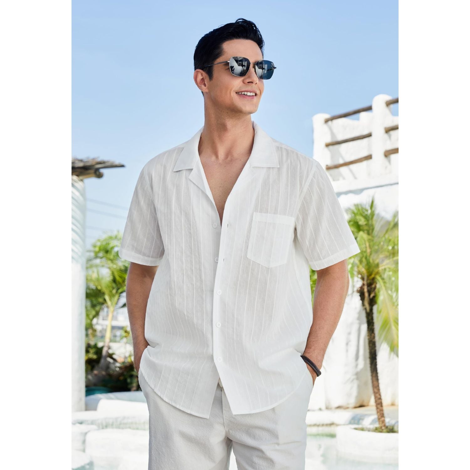 Hisdern Casual Short Sleeve White Cuban Collar Shirts for Men Summer