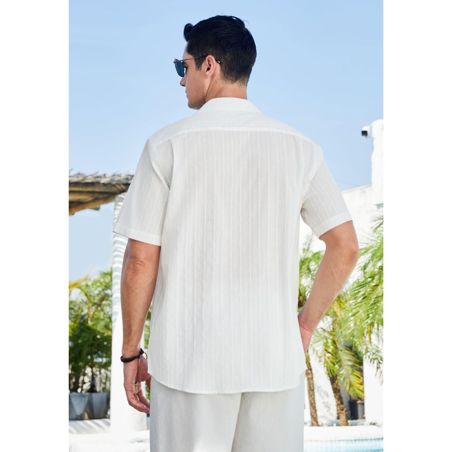 Hisdern Casual Short Sleeve White Cuban Collar Shirts for Men Summer