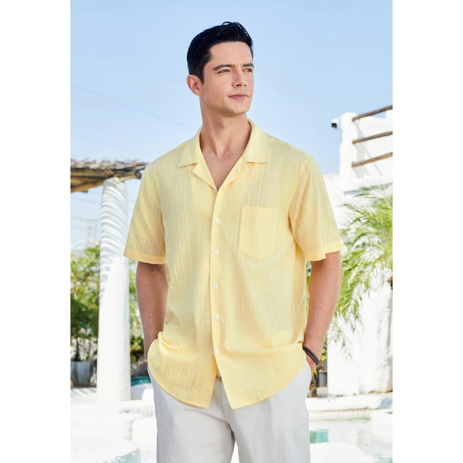 Hisdern Casual Short Sleeve Yellow Cuban Collar Shirts for Men Summer