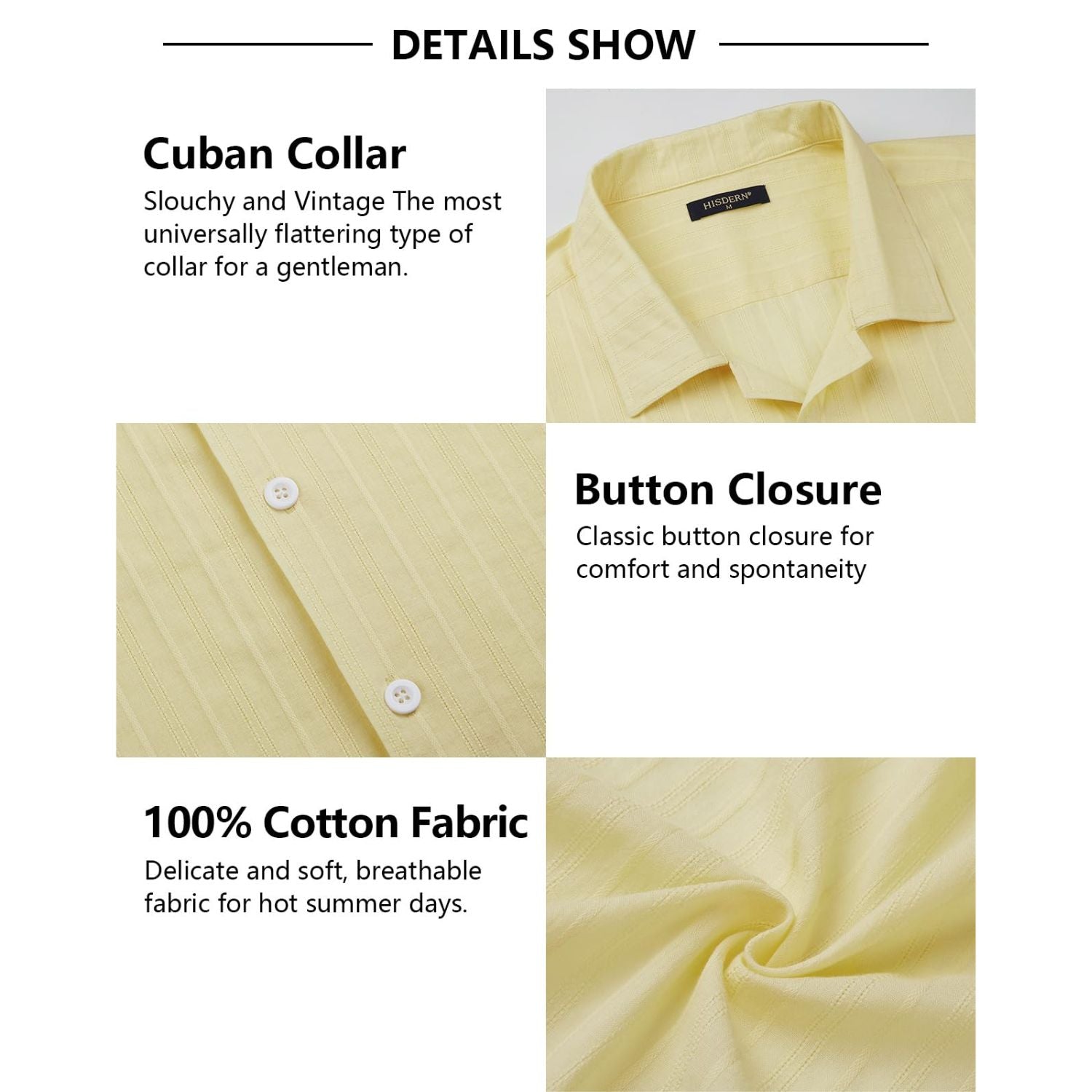 Hisdern Casual Short Sleeve Yellow Cuban Collar Shirts for Men Summer
