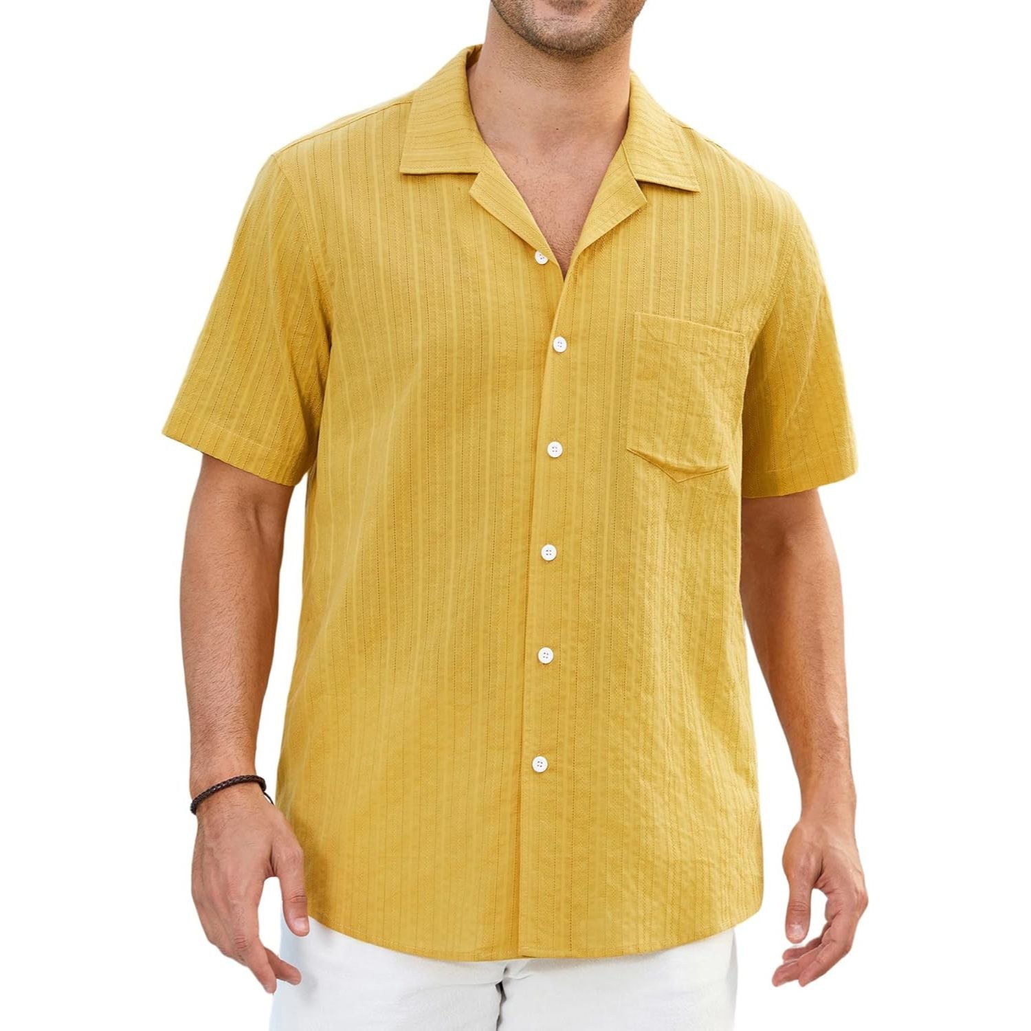 Hisdern Casual Short Sleeve Yellow Gold Cuban Collar Shirts for Men Summer