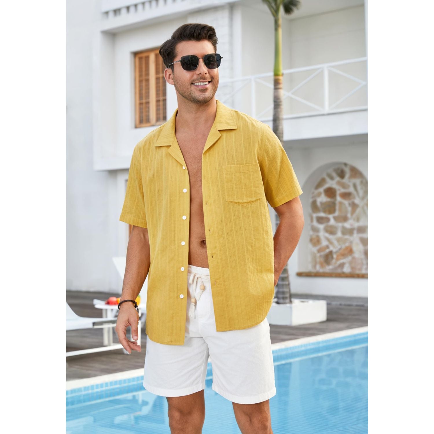 Hisdern Casual Short Sleeve Yellow Gold Cuban Collar Shirts for Men Summer