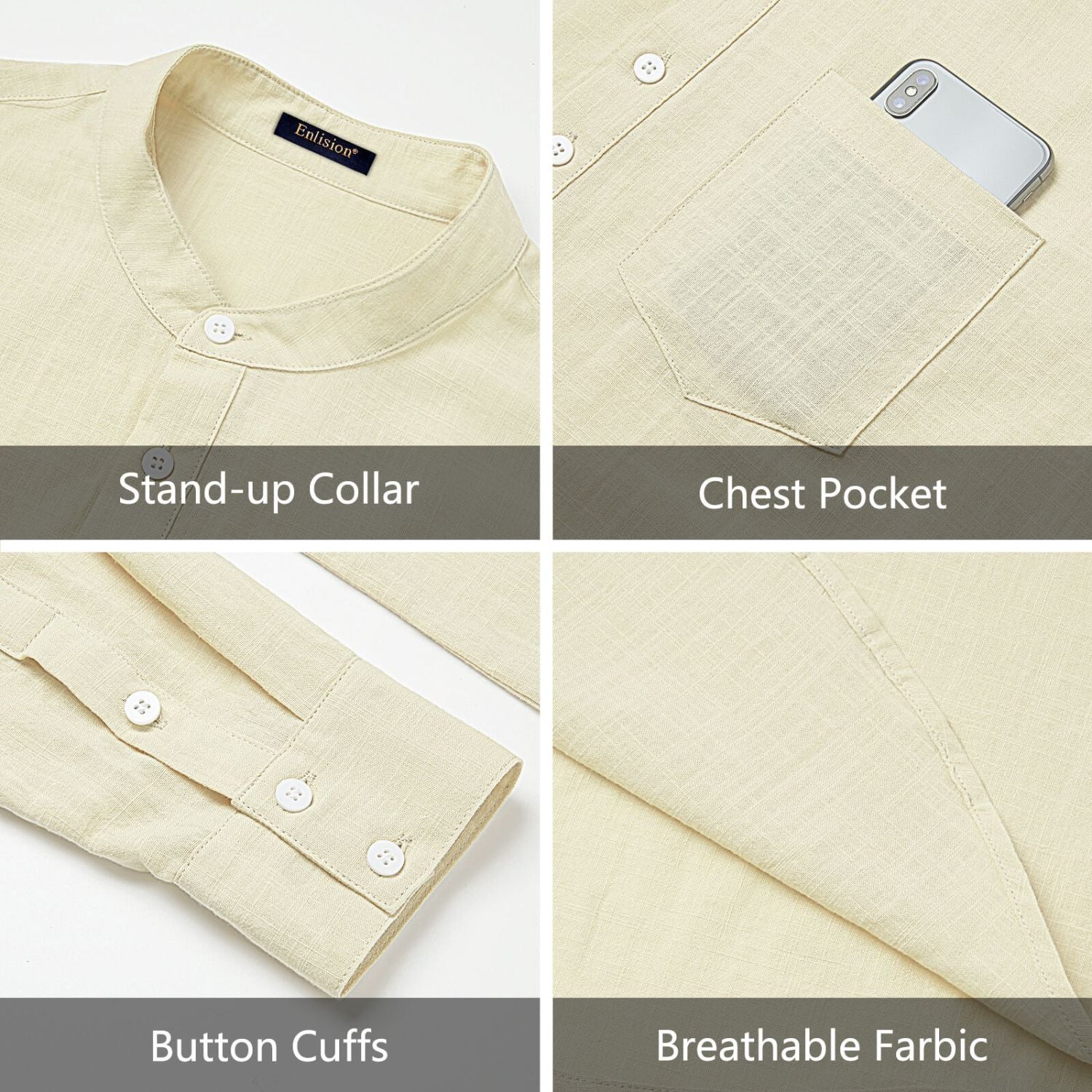 Hisdern Men's Beige Henley Long Sleeve Shirt Casual Button-Up Style