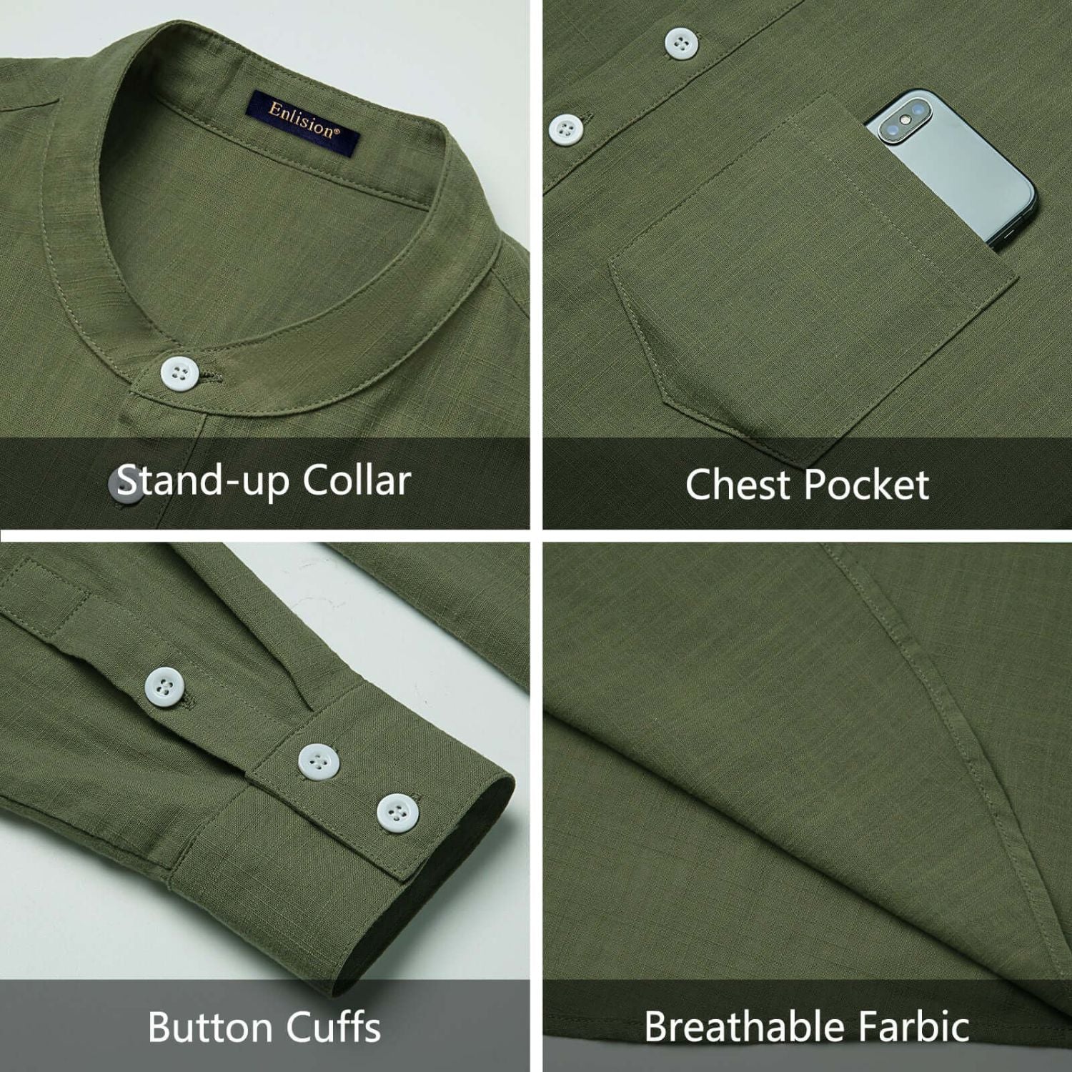 Hisdern Men's Green Henley Long Sleeve Shirt Casual Button-Up Style