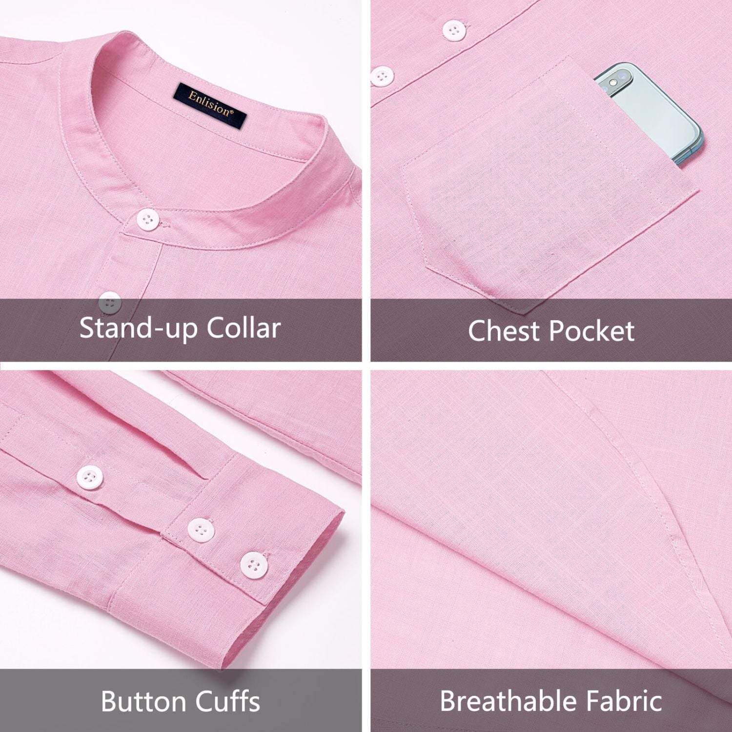 Hisdern Men's Pink Henley Long Sleeve Shirt Casual Button-Up Style