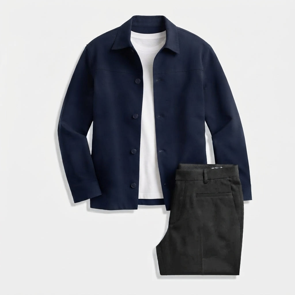 Hisdern Men's Navy Button Down Shirt Jacket and Black Wide-Leg Dress Pants Matching Set