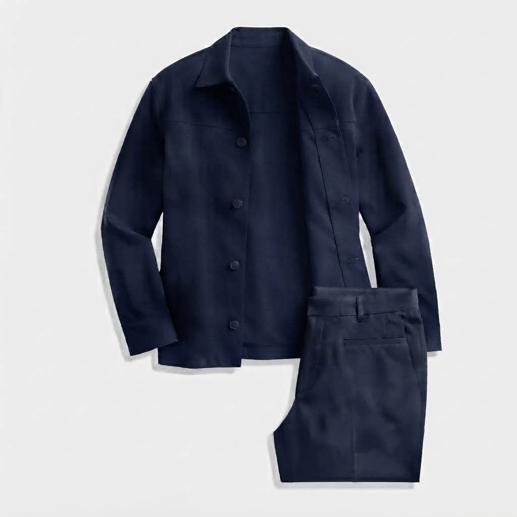 Hisdern Men's Navy Button Down Shirt Jacket and Navy Wide-Leg Dress Pants Matching Set