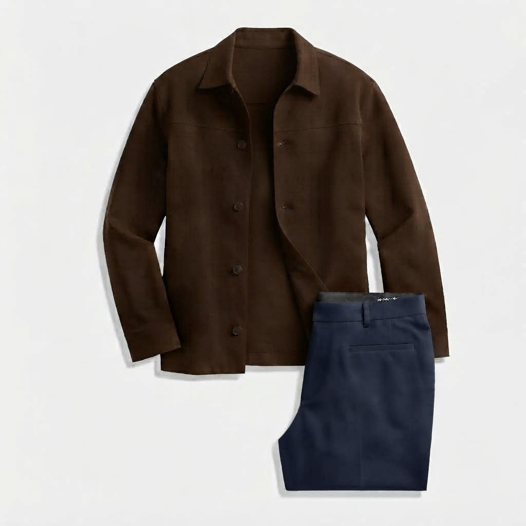 Hisdern Men's Brown Button Down Shirt Jacket and Navy Wide-Leg Dress Pants Matching Set
