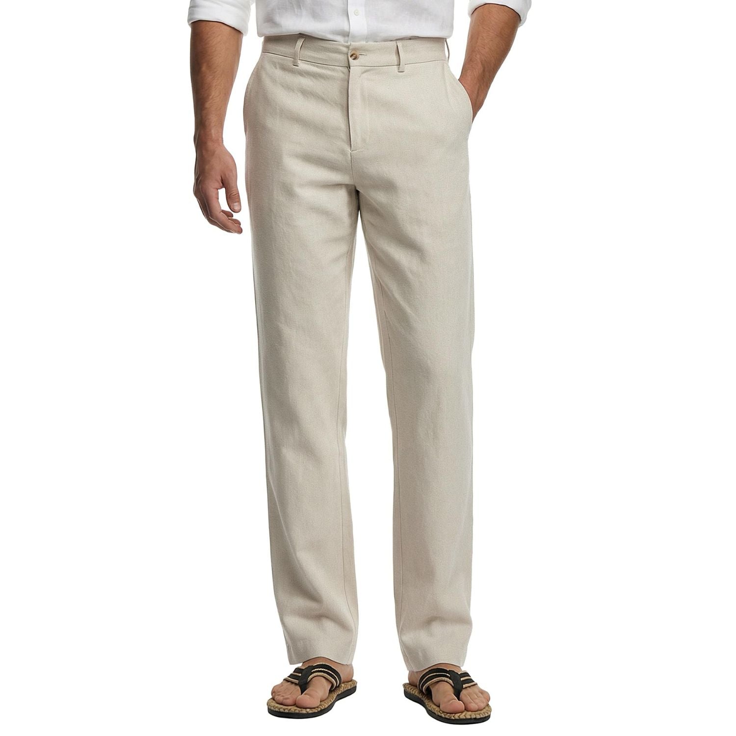 Hisdern Men's Breathable Beige Linen Trousers Lightweight Summer Casual Pants