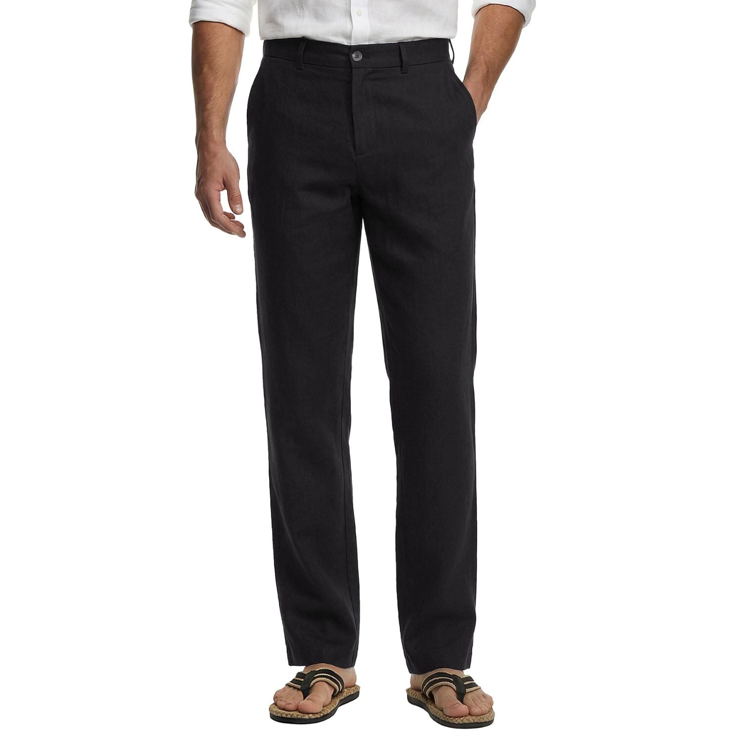 Hisdern Men's Breathable Black Linen Trousers Lightweight Summer Casual Pants
