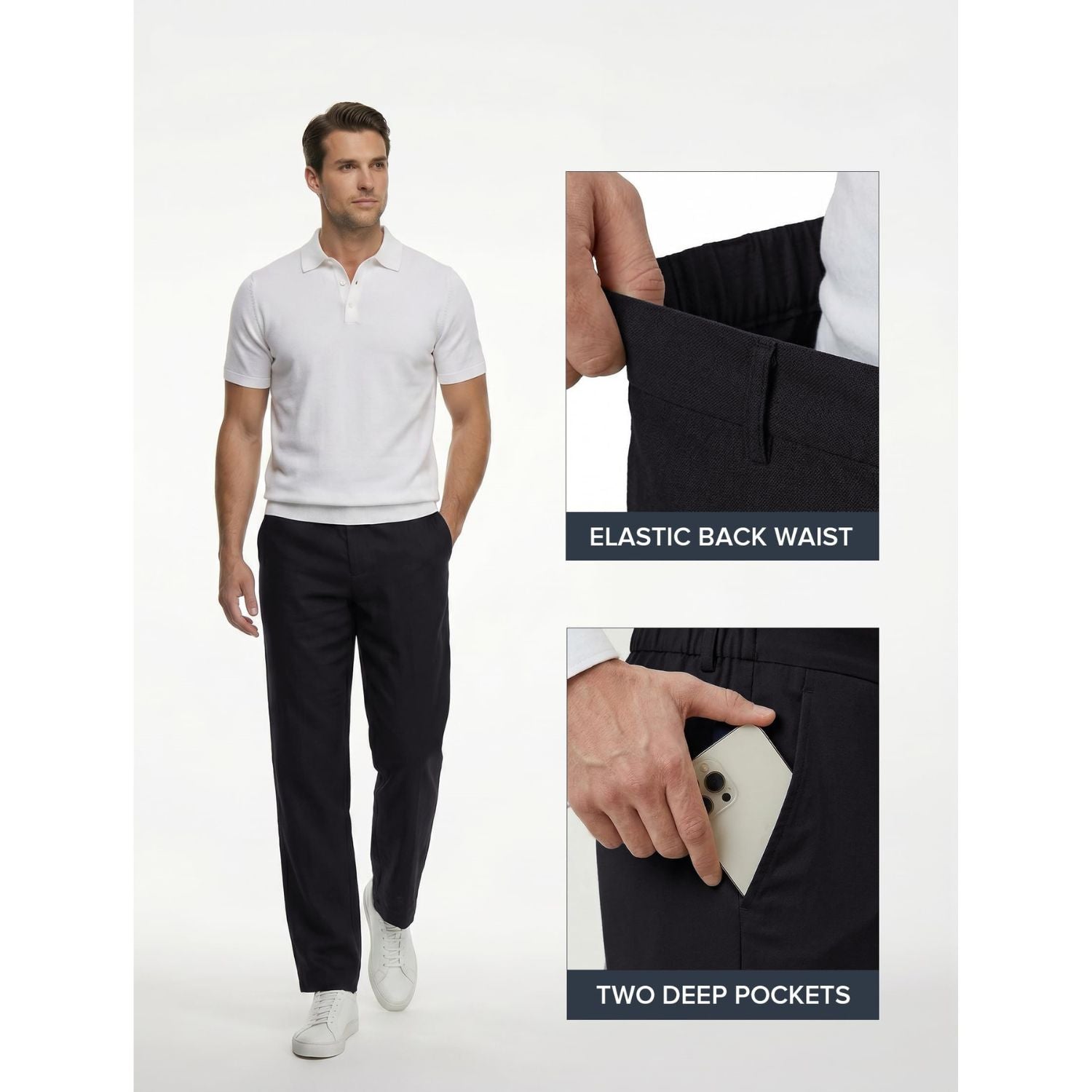 Hisdern Men's Breathable Black Linen Trousers Lightweight Summer Casual Pants