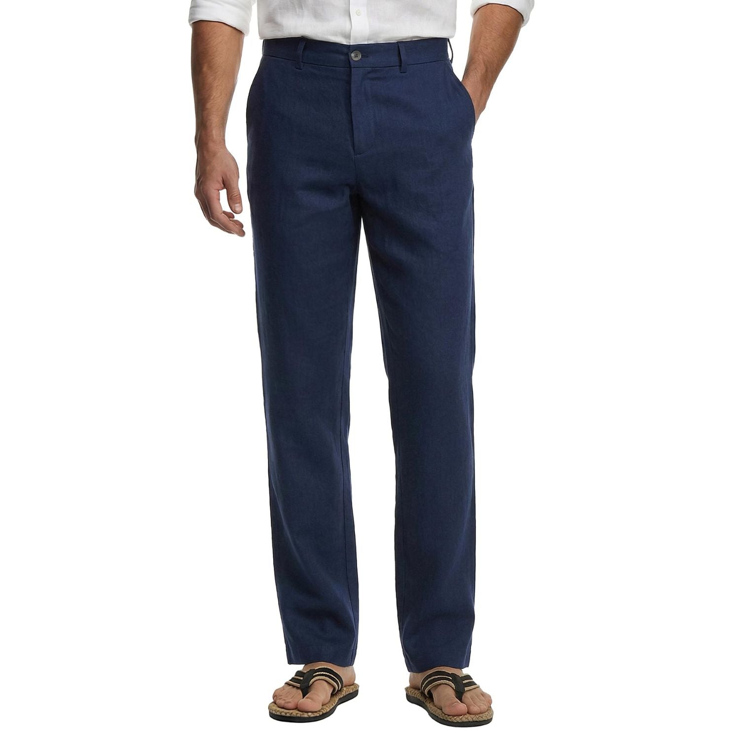 Hisdern Men's Breathable Navy Blue Linen Trousers Lightweight Summer Casual Pants