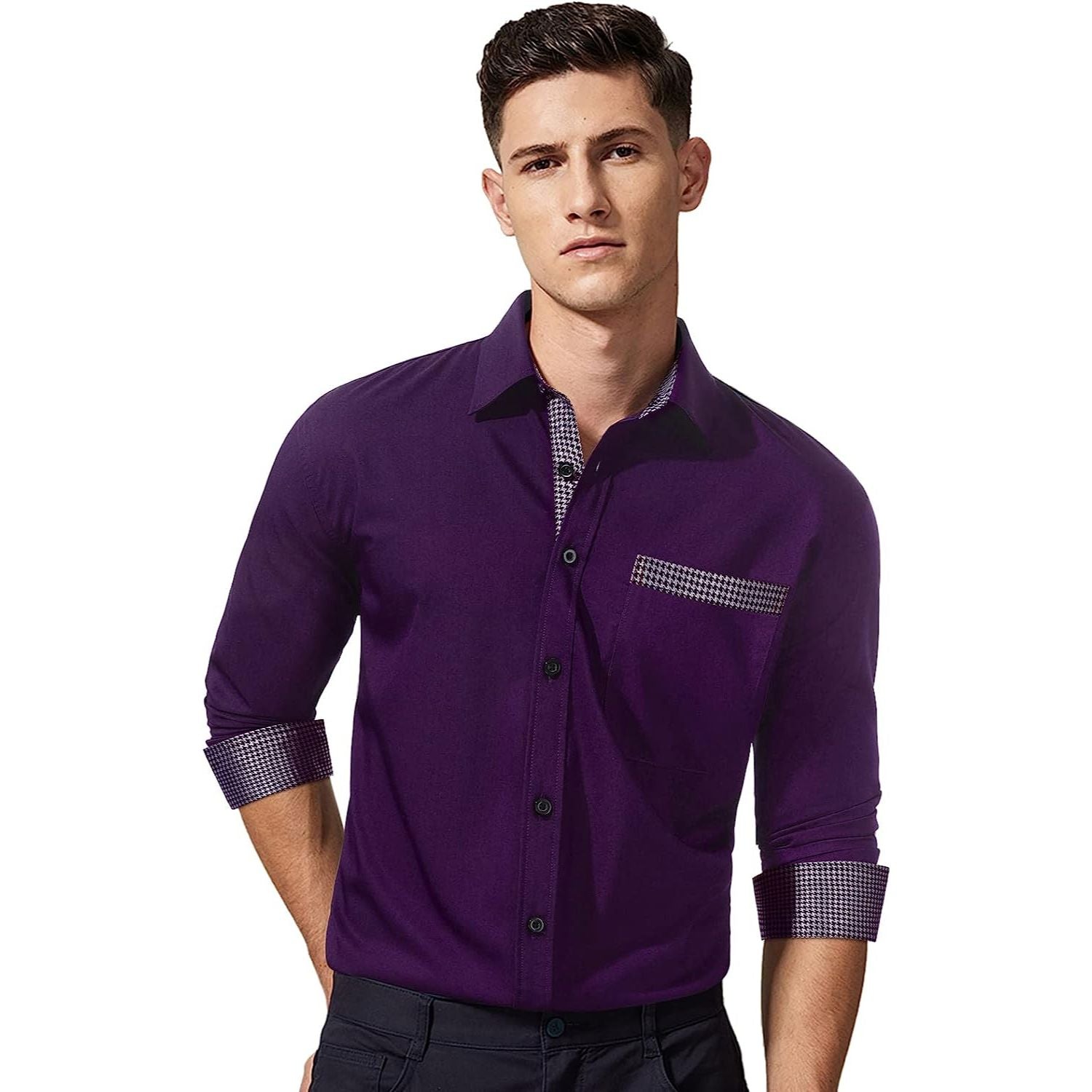 Hisdern Men's Purple Splicing Dress Shirt For Office Wear