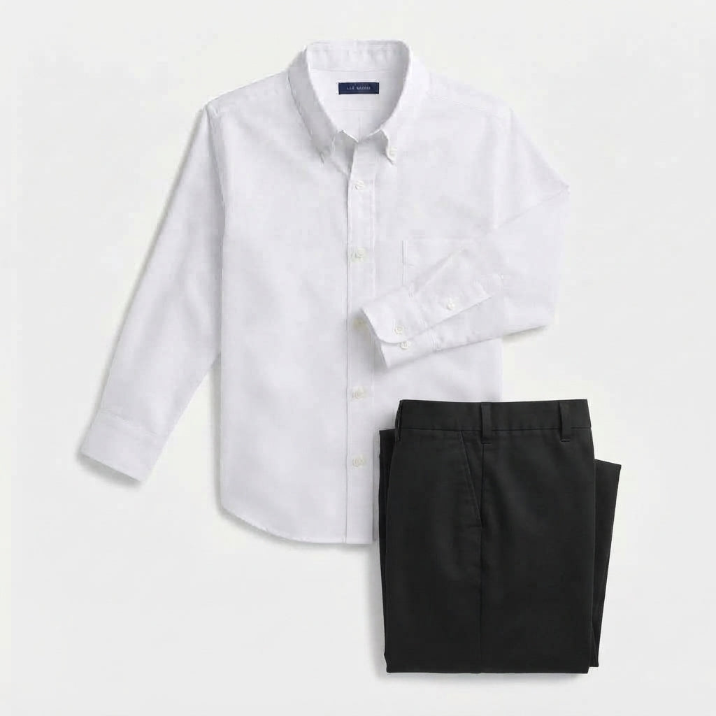 Hisdern Men's White Oxford Long Sleeve Shirt and Black Flex Stretch Wide-Leg Dress Pants Matching Set