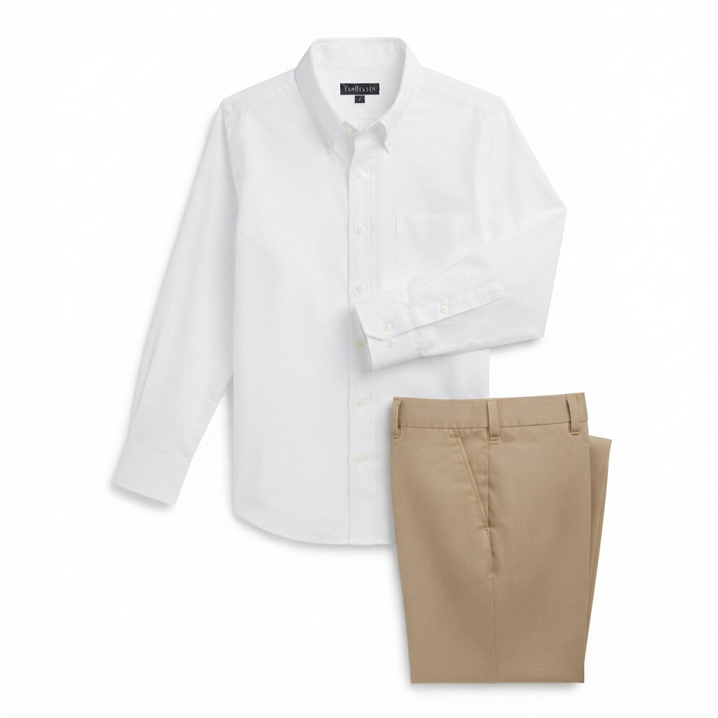 Hisdern Men's White Oxford Long Sleeve Shirt and Khaki Flex Stretch Wide-Leg Dress Pants Matching Set