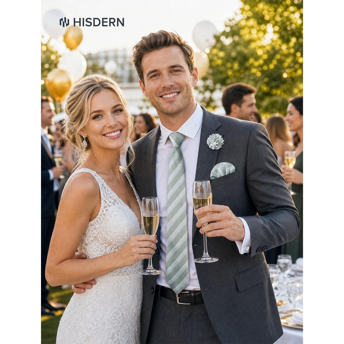 Hisdern Men's Striped 4-Piece Tie Set in Sage Green Grey for Weddings & Formal Wear