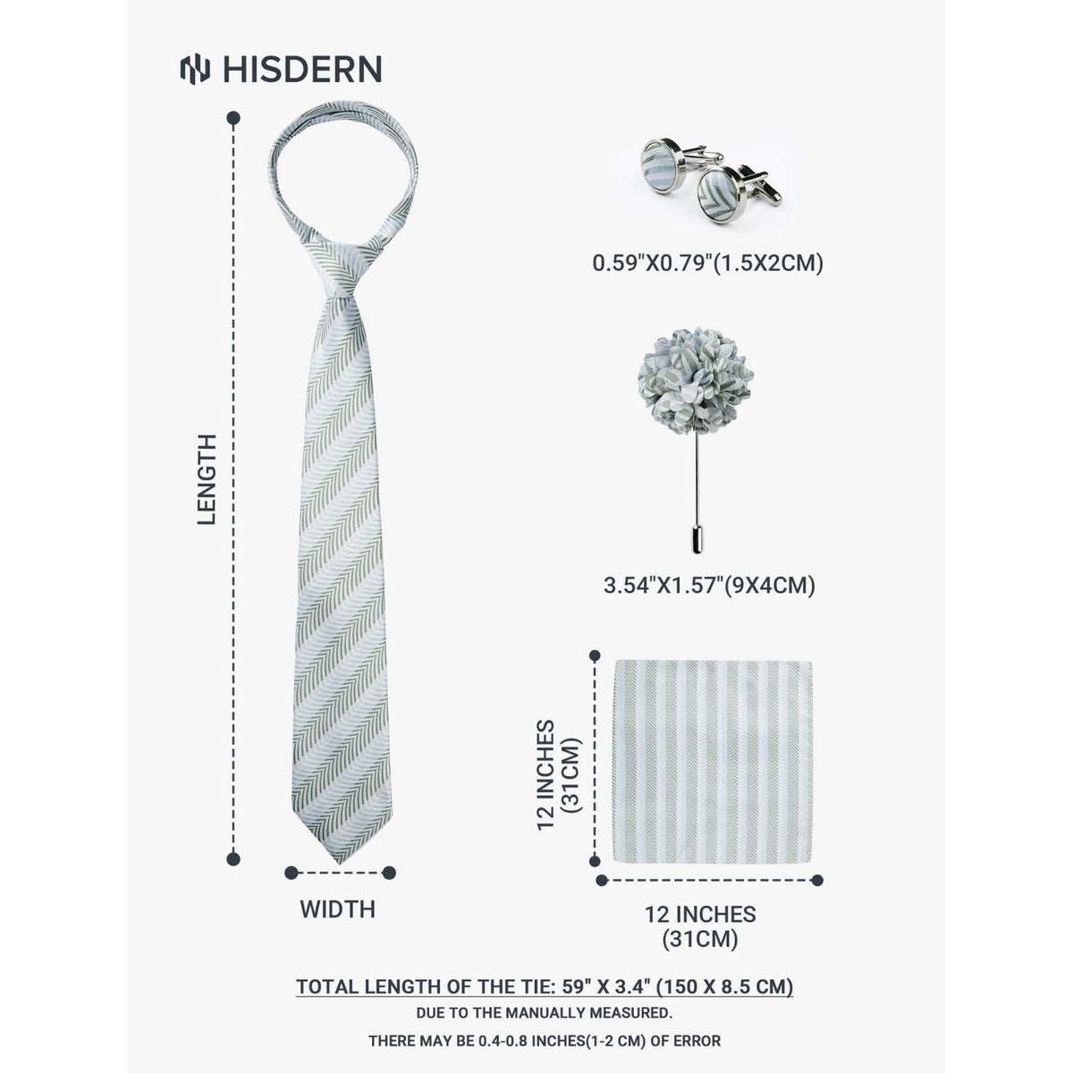 Hisdern Men's Striped 4-Piece Tie Set in Sage Green Grey for Weddings & Formal Wear